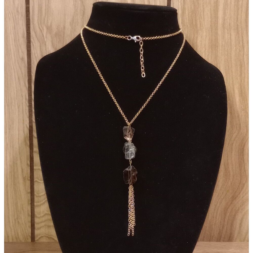 Vintage Raw Smoky Quartz Nuggets Tassel Pendant Gold Tone 30-32" Chain Necklace
